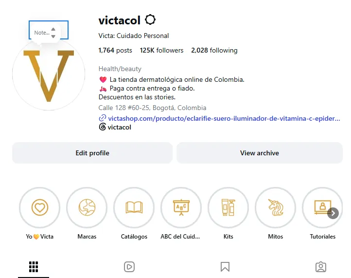 Victacol Instagram feed showcasing Colombia's leading pure-player skincare ecommerce brand