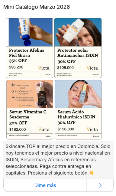 Victa March 2026 mini catalog delivered via WhatsApp — Afelius, ISDIN, Sesderma and Hyaluronic with 30–35% discounts.